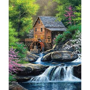 forest hut surrounded by flowers and trees waterfall paint by number on canvas with brushes acrylic paints perfect for paint by numbers for adults and kids students beginner with diy frame 16x20 inch