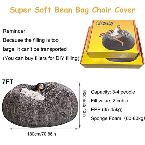 7ft Giant Bean Bag Cover, Big Bean Bag Chairs for Adults (No Filler, Cover only) Comfy Large Bed Fluffy Lazy Sofa (Light Grey)