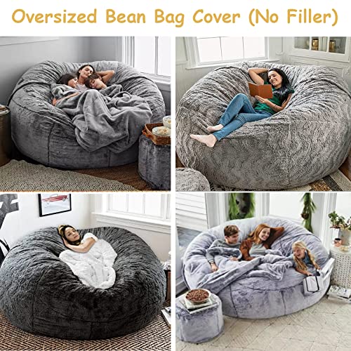 7ft Giant Bean Bag Cover, Big Bean Bag Chairs for Adults (No Filler, Cover only) Comfy Large Bed Fluffy Lazy Sofa (Light Grey)