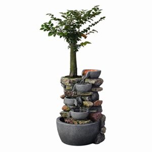 Haobos Indoor Fountain 4-Bowl Rockery Soothing Sound Tabletop Fountains Home/Office Decor with a Small Plastic Pot to Grow The Plant by Yourself(Automatic Watering)(22023)