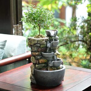 haobos indoor fountain 4-bowl rockery soothing sound tabletop fountains home/office decor with a small plastic pot to grow the plant by yourself(automatic watering)(22023)