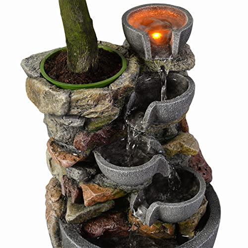 Haobos Indoor Fountain 4-Bowl Rockery Soothing Sound Tabletop Fountains Home/Office Decor with a Small Plastic Pot to Grow The Plant by Yourself(Automatic Watering)(22023)