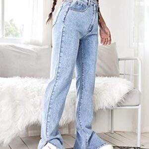 WDIRARA Women's Asymmetrical High Waist Split Side Jeans Long Denim Pants Light Wash M