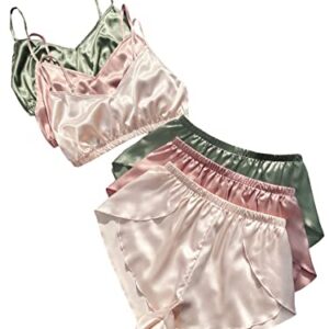 Verdusa Women's 6 Piece Satin Pajama Set Sleepwear Crop Cami Top & Shorts Loungwear Green Pink Beige M