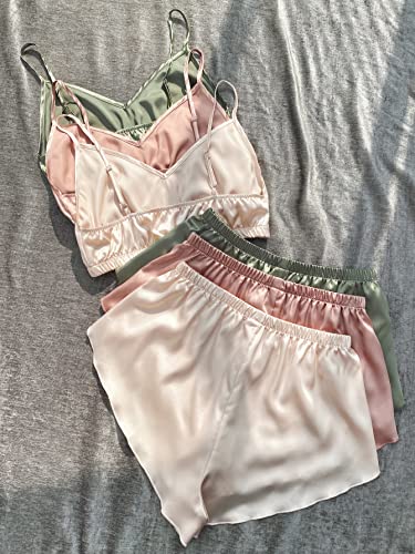 Verdusa Women's 6 Piece Satin Pajama Set Sleepwear Crop Cami Top & Shorts Loungwear Green Pink Beige M