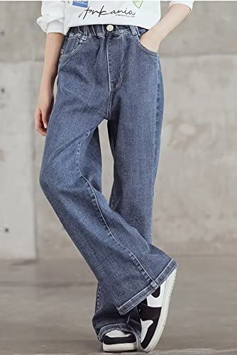 Sitmptol Teen Girls Blue Ripped Jeans Wide Leg High Waist Denim Trousers Loose Streetwear Jeans Baggy Pants Denim Blue 160 11-12 Years