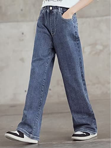 Sitmptol Teen Girls Blue Ripped Jeans Wide Leg High Waist Denim Trousers Loose Streetwear Jeans Baggy Pants Denim Blue 160 11-12 Years