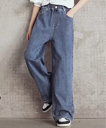 Sitmptol Teen Girls Blue Ripped Jeans Wide Leg High Waist Denim Trousers Loose Streetwear Jeans Baggy Pants Denim Blue 160 11-12 Years