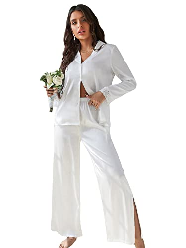 OYOANGLE Women's 2 Piece Silk Satin Pajama Set Long Sleeve Lace Button Down Shirt and Pants Sleepwear White L