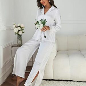 OYOANGLE Women's 2 Piece Silk Satin Pajama Set Long Sleeve Lace Button Down Shirt and Pants Sleepwear White L