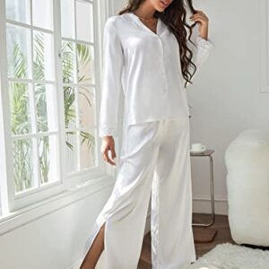 OYOANGLE Women's 2 Piece Silk Satin Pajama Set Long Sleeve Lace Button Down Shirt and Pants Sleepwear White L