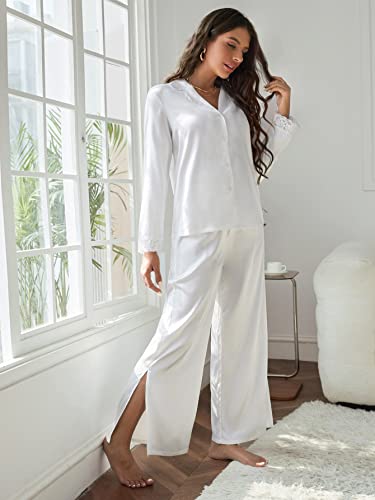 OYOANGLE Women's 2 Piece Silk Satin Pajama Set Long Sleeve Lace Button Down Shirt and Pants Sleepwear White L