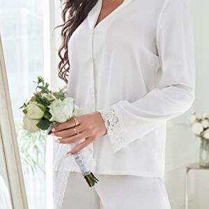 OYOANGLE Women's 2 Piece Silk Satin Pajama Set Long Sleeve Lace Button Down Shirt and Pants Sleepwear White L