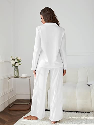 OYOANGLE Women's 2 Piece Silk Satin Pajama Set Long Sleeve Lace Button Down Shirt and Pants Sleepwear White L
