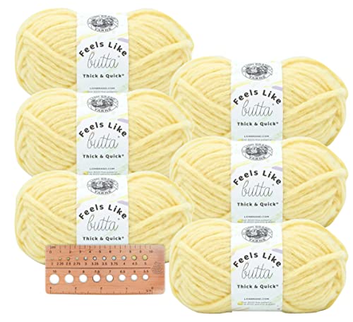 Lion Brand Yarn - Feels Like Butta Thick & Quick #6 Super Bulky - 6 Pack with Needle Gauge (Buttered Popcorn)