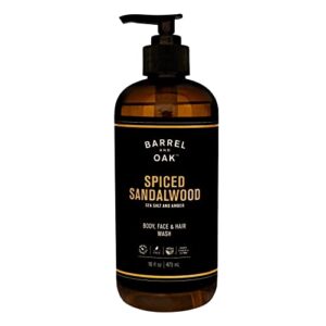 barrel and oak - all-in-one body wash, men's face, hair, & body wash, natural exfoliator & moisturizer, hydrates hair & beard, fragrant amber scent, certified organic (spiced sandalwood, 16oz)