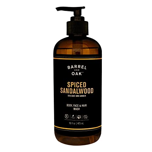 Barrel and Oak - All-In-One Body Wash, Men's Face, Hair, & Body Wash, Natural Exfoliator & Moisturizer, Hydrates Hair & Beard, Fragrant Amber Scent, Certified Organic (Spiced Sandalwood, 16oz)