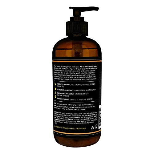 Barrel and Oak - All-In-One Body Wash, Men's Face, Hair, & Body Wash, Natural Exfoliator & Moisturizer, Hydrates Hair & Beard, Fragrant Amber Scent, Certified Organic (Spiced Sandalwood, 16oz)