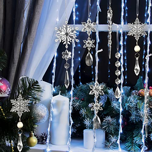 18pcs Crystal Christmas Ornaments for Christmas Tree Decorations-Hanging Acrylic Snowflake and Icicle Ornaments with Drop Pendants for Christmas Tree New Year Party Decorations Supplies