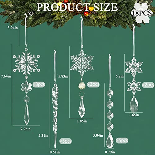 18pcs Crystal Christmas Ornaments for Christmas Tree Decorations-Hanging Acrylic Snowflake and Icicle Ornaments with Drop Pendants for Christmas Tree New Year Party Decorations Supplies