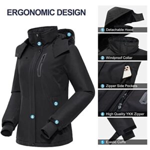 CAMEL CROWN Women's Ski Jacket Waterproof Warm Winter Snow Coat Hooded Mountain Outdoor Windbreaker Windproof Jacket Black M