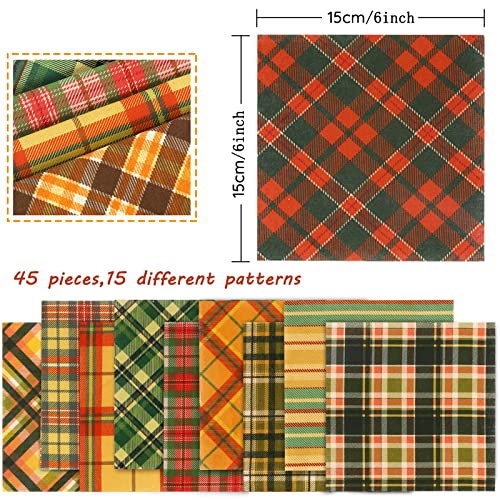 Whaline 45Pcs Cotton Autumn Fat Quarters Fabric 15 Design Fall Spice Plaids Fabric Squares Quilting Fabric Patchwork Precut Quilt Charm Squares for Harvest Thanksgiving DIY Crafts Sewing, 6 x 6 Inch