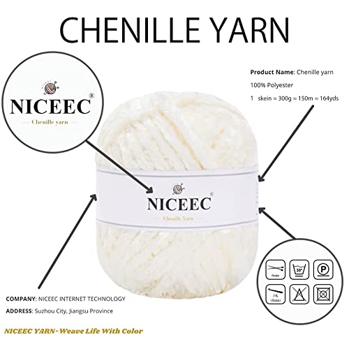 NICEEC 300g Soft Chenille Yarn Blanket Yarn Velvet Yarn for Knitting Fancy Yarn for Crochet Weaving DIY Craft Total Length 150m (164yds)_Cream White