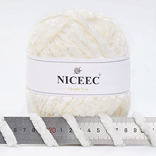 NICEEC 300g Soft Chenille Yarn Blanket Yarn Velvet Yarn for Knitting Fancy Yarn for Crochet Weaving DIY Craft Total Length 150m (164yds)_Cream White