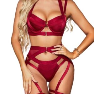 Kaei&Shi Garter Belt Thong Lingerie for Women,Strappy Hollow Out Underwire Racerback Sexy Lingerie,Harness Garter Leg Strap Matching 4 Piece Lingerie Set Boudoir Burgundy Medium