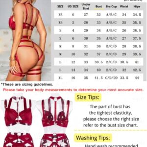 Kaei&Shi Garter Belt Thong Lingerie for Women,Strappy Hollow Out Underwire Racerback Sexy Lingerie,Harness Garter Leg Strap Matching 4 Piece Lingerie Set Boudoir Burgundy Medium