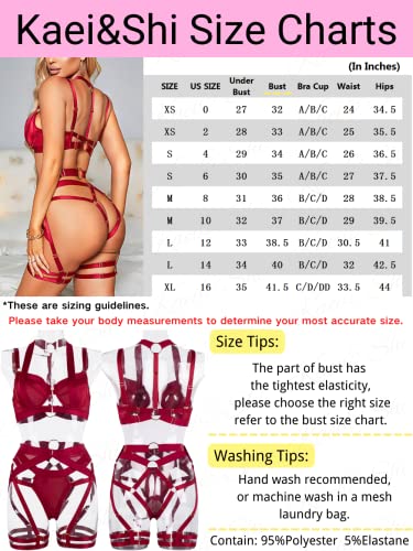 Kaei&Shi Garter Belt Thong Lingerie for Women,Strappy Hollow Out Underwire Racerback Sexy Lingerie,Harness Garter Leg Strap Matching 4 Piece Lingerie Set Boudoir Burgundy Medium