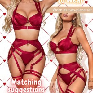 Kaei&Shi Garter Belt Thong Lingerie for Women,Strappy Hollow Out Underwire Racerback Sexy Lingerie,Harness Garter Leg Strap Matching 4 Piece Lingerie Set Boudoir Burgundy Medium