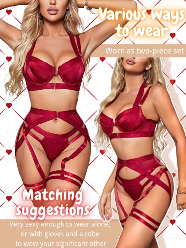 Kaei&Shi Garter Belt Thong Lingerie for Women,Strappy Hollow Out Underwire Racerback Sexy Lingerie,Harness Garter Leg Strap Matching 4 Piece Lingerie Set Boudoir Burgundy Medium