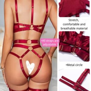 Kaei&Shi Garter Belt Thong Lingerie for Women,Strappy Hollow Out Underwire Racerback Sexy Lingerie,Harness Garter Leg Strap Matching 4 Piece Lingerie Set Boudoir Burgundy Medium