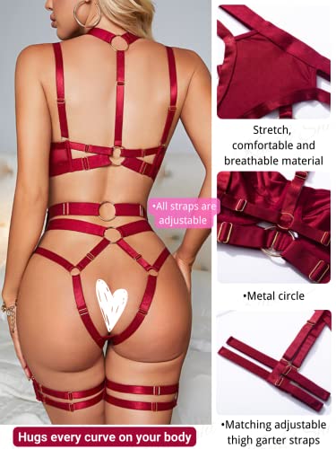 Kaei&Shi Garter Belt Thong Lingerie for Women,Strappy Hollow Out Underwire Racerback Sexy Lingerie,Harness Garter Leg Strap Matching 4 Piece Lingerie Set Boudoir Burgundy Medium