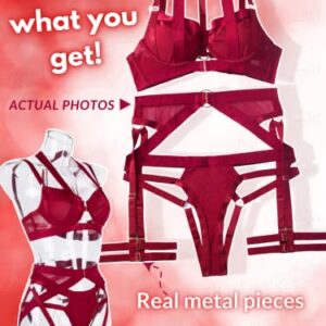 Kaei&Shi Garter Belt Thong Lingerie for Women,Strappy Hollow Out Underwire Racerback Sexy Lingerie,Harness Garter Leg Strap Matching 4 Piece Lingerie Set Boudoir Burgundy Medium