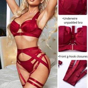 Kaei&Shi Garter Belt Thong Lingerie for Women,Strappy Hollow Out Underwire Racerback Sexy Lingerie,Harness Garter Leg Strap Matching 4 Piece Lingerie Set Boudoir Burgundy Medium