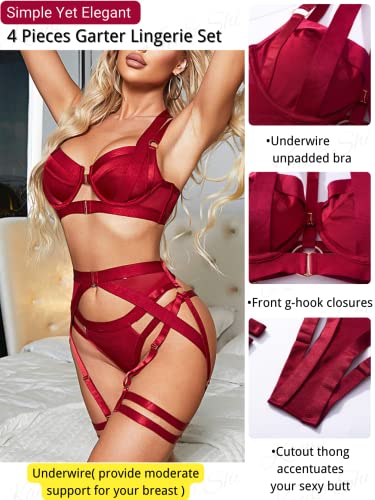 Kaei&Shi Garter Belt Thong Lingerie for Women,Strappy Hollow Out Underwire Racerback Sexy Lingerie,Harness Garter Leg Strap Matching 4 Piece Lingerie Set Boudoir Burgundy Medium