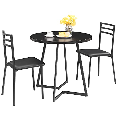 VECELO 3 Piece Kitchen Dining Room Set, Wood Round Table for Breakfast Nook Small Space, Dinette with 2 Cushioned Chairs, Matte Black