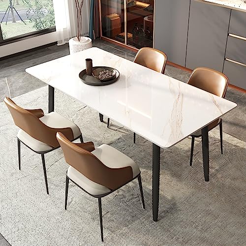 ZL ZELing White Dining Table, Rectangular 55" Kitchen Table with Marble Sintered Stone Table Top and Metal Legs, Dining Room Table for 4, Slate Table Scratch Resistant and Easy Assembly