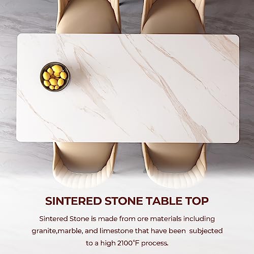 ZL ZELing White Dining Table, Rectangular 55" Kitchen Table with Marble Sintered Stone Table Top and Metal Legs, Dining Room Table for 4, Slate Table Scratch Resistant and Easy Assembly