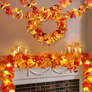 2 pack fall decor maple leaves garland with lights battery operated fall thanksgiving decorations garland for home porch front door table mantle outdoor autumn harvest halloween decor, 11.8ft 40led