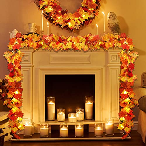 2 Pack Fall Decor Maple Leaves Garland with Lights Battery Operated Fall Thanksgiving Decorations Garland for Home Porch Front Door Table Mantle Outdoor Autumn Harvest Halloween Decor, 11.8Ft 40LED