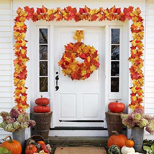 2 Pack Fall Decor Maple Leaves Garland with Lights Battery Operated Fall Thanksgiving Decorations Garland for Home Porch Front Door Table Mantle Outdoor Autumn Harvest Halloween Decor, 11.8Ft 40LED