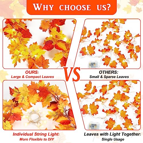 2 Pack Fall Decor Maple Leaves Garland with Lights Battery Operated Fall Thanksgiving Decorations Garland for Home Porch Front Door Table Mantle Outdoor Autumn Harvest Halloween Decor, 11.8Ft 40LED