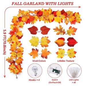 2 Pack Fall Decor Maple Leaves Garland with Lights Battery Operated Fall Thanksgiving Decorations Garland for Home Porch Front Door Table Mantle Outdoor Autumn Harvest Halloween Decor, 11.8Ft 40LED