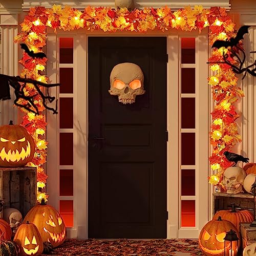 2 Pack Fall Decor Maple Leaves Garland with Lights Battery Operated Fall Thanksgiving Decorations Garland for Home Porch Front Door Table Mantle Outdoor Autumn Harvest Halloween Decor, 11.8Ft 40LED