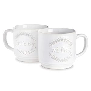 sheffield home wifey and hubby coffee mug set- white ceramic couples coffee cups- cute set of 2 (12 oz each) stackable mugs sets- engagement mugs for couples