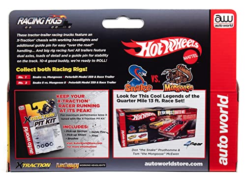 Auto World Xtraction Racing Rig Peterbilt 359 w/Trailer Snake II vs. Mongoose II (Flamethrower) HO Scale Slot Car