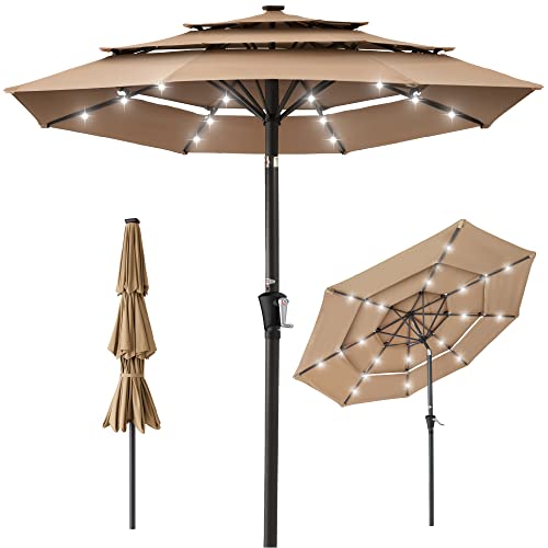 Best Choice Products 10ft 3-Tier Solar Patio Umbrella, Outdoor Market Sun Shade for Backyard, Deck, Poolside w/ 24 LED Lights, Tilt Adjustment, Easy Crank, 8 Ribs - Tan